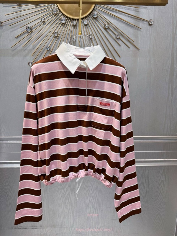 프라다 롱 슬리브 바야데르 프린트 리슬 코튼 티셔츠