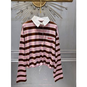 프라다 롱 슬리브 바야데르 프린트 리슬 코튼 티셔츠